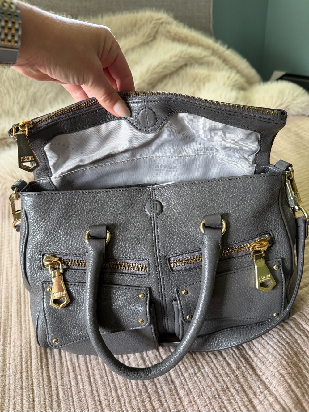 Aimee Kestenberg Soho gray pebbled leather moto zipper bag - Picture 3 of 10